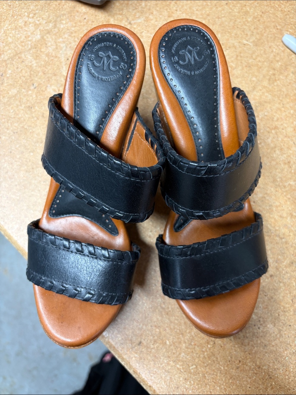 Johnston & Murphy Black Leather Double-Strap Slide Sandals with Tan Footbed